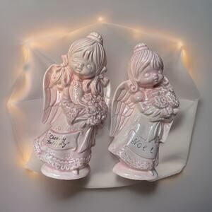 VTG Pink Angel Ceramic Figurines Set Of 2